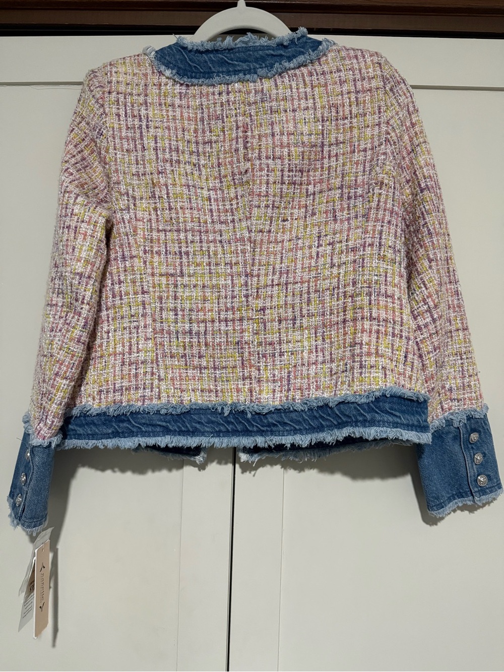 Nanette Lepore Pink Multicolor Tweed Jacket with Denim Trim - Picture 2 of 3